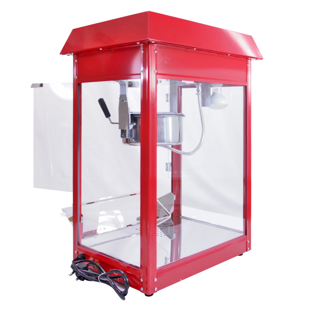 Retro Popcornmaschine in leuchtendem Rot mit transparenten Seiten, glänzender Metallwanne und einem klassischen Design für frisches Popcorn