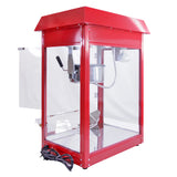 Retro Popcornmaschine in leuchtendem Rot mit transparenten Seiten, glänzender Metallwanne und einem klassischen Design für frisches Popcorn