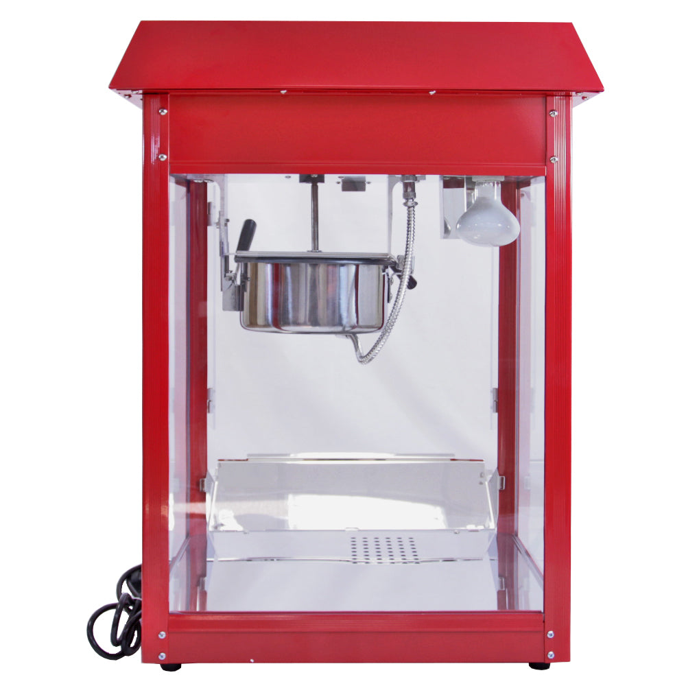 Retro Popcornmaschine in leuchtendem Rot mit transparenten Wänden, glänzendem Metallbehälter und eleganter Beleuchtung für frisches Popcorn