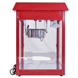 Retro Popcornmaschine in leuchtendem Rot mit transparenten Wänden, glänzendem Metallbehälter und eleganter Beleuchtung für frisches Popcorn