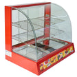 Rote Speisevitrine mit gebogenem Glas, zwei Edelstahlbehältern und drei verstellbaren Regalen, ideal für die Präsentation von Lebensmitteln