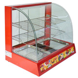 Rote Speisevitrine mit gebogenem Glas, zwei Edelstahlbehältern und drei verstellbaren Regalen, ideal für die Präsentation von Lebensmitteln