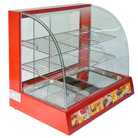 Rote Speisevitrine mit gebogenem Glas, zwei Edelstahlbehältern und drei verstellbaren Regalen, ideal für die Präsentation von Lebensmitteln