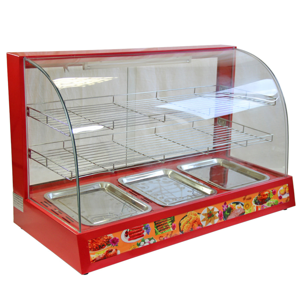 Rote KuKoo Vitrine mit gebogenem Glas, drei Edelstahlbehältern und verstellbaren Drahtregalen, ideal für die Präsentation von Speisen in Gastronomiebetrieben