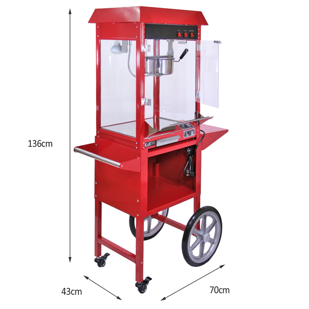Rote KuKoo Popcornmaschine mit Wagen, transparentem Sichtfenster und großen Rädern, ideal für Partys und Veranstaltungen, 225g Kapazität