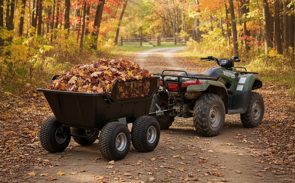 Ein geländegängiger Quad mit einem Anhänger voller bunter Herbstblätter auf einem schmalen Waldweg, umgeben von leuchtenden Bäumen