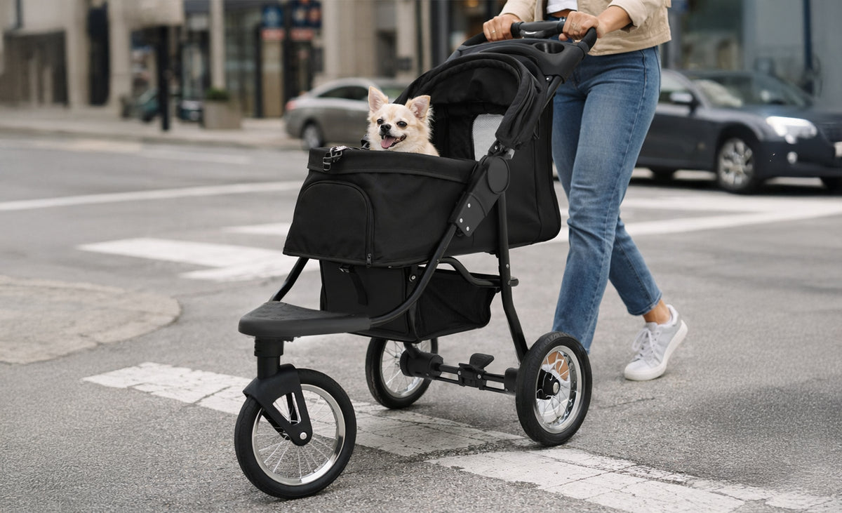 Schwarzer Hundewagen mit einem glücklichen Hund, der bequem im Sitz sitzt, während eine Person über die Straße geht, umgeben von urbaner Kulisse