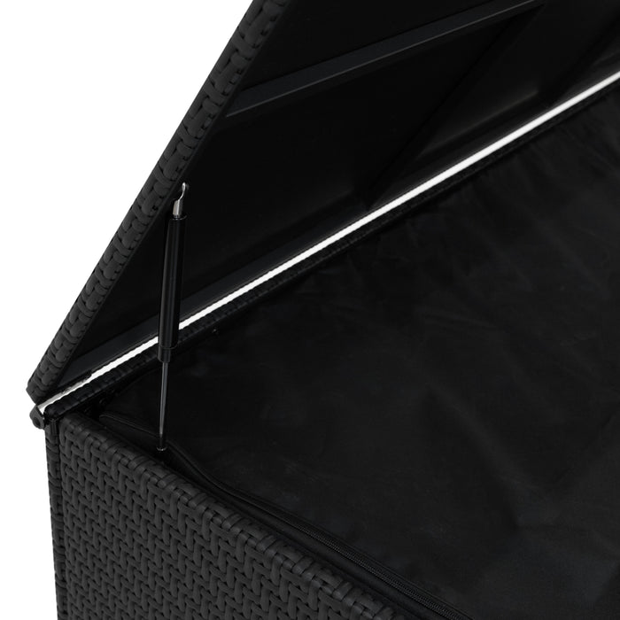 Schwarze Aufbewahrungsbox aus geflochtenem Kunststoff mit einem stabilen Deckel und einem glatten, schwarzen Innenfutter, ideal für Gartenmöbel