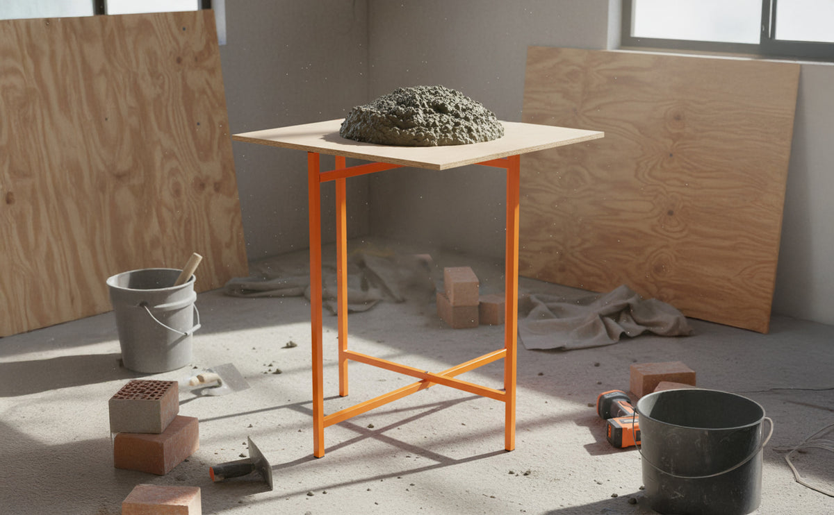 Ein moderner Tisch mit einer Holzplatte und orangefarbenem Metallgestell, umgeben von Baustellenmaterialien wie Zement, Ziegeln und Werkzeugen