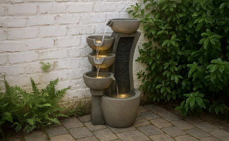 Elegante Gartenbrunnen aus grauem Stein mit vier Wasserbecken, die sanft Wasser in eine darunterliegende Schale fließen lassen, umgeben von grünen Pflanzen
