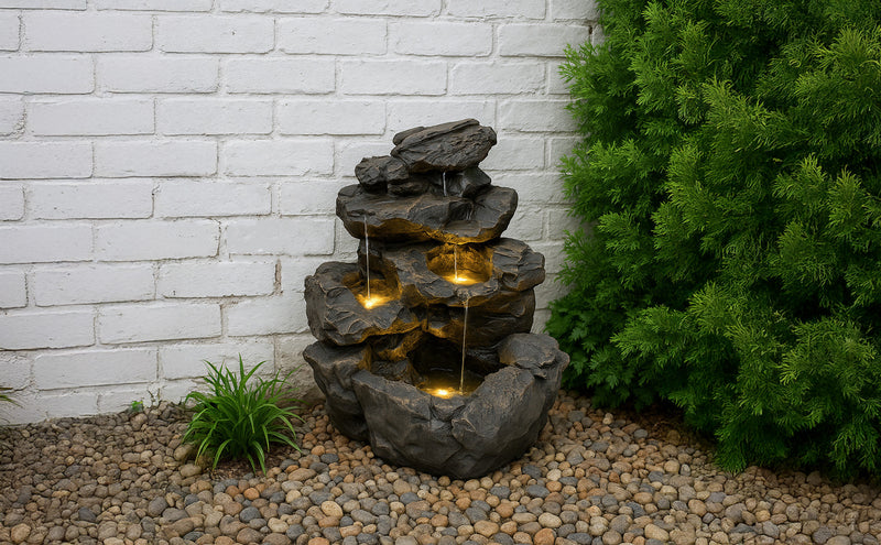 Wasserfall aus grauem Stein mit mehreren Ebenen, beleuchtet von warmen Lichtern, umgeben von Kieselsteinen und grünen Pflanzen