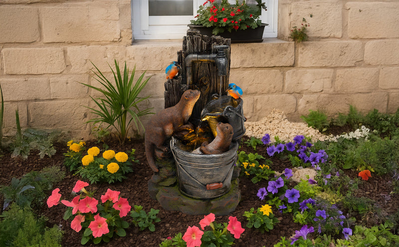 Zwei Otter aus braunem Kunststein spielen an einem Brunnen mit Wasser, umgeben von bunten Blumen wie Petunien und Stiefmütterchen