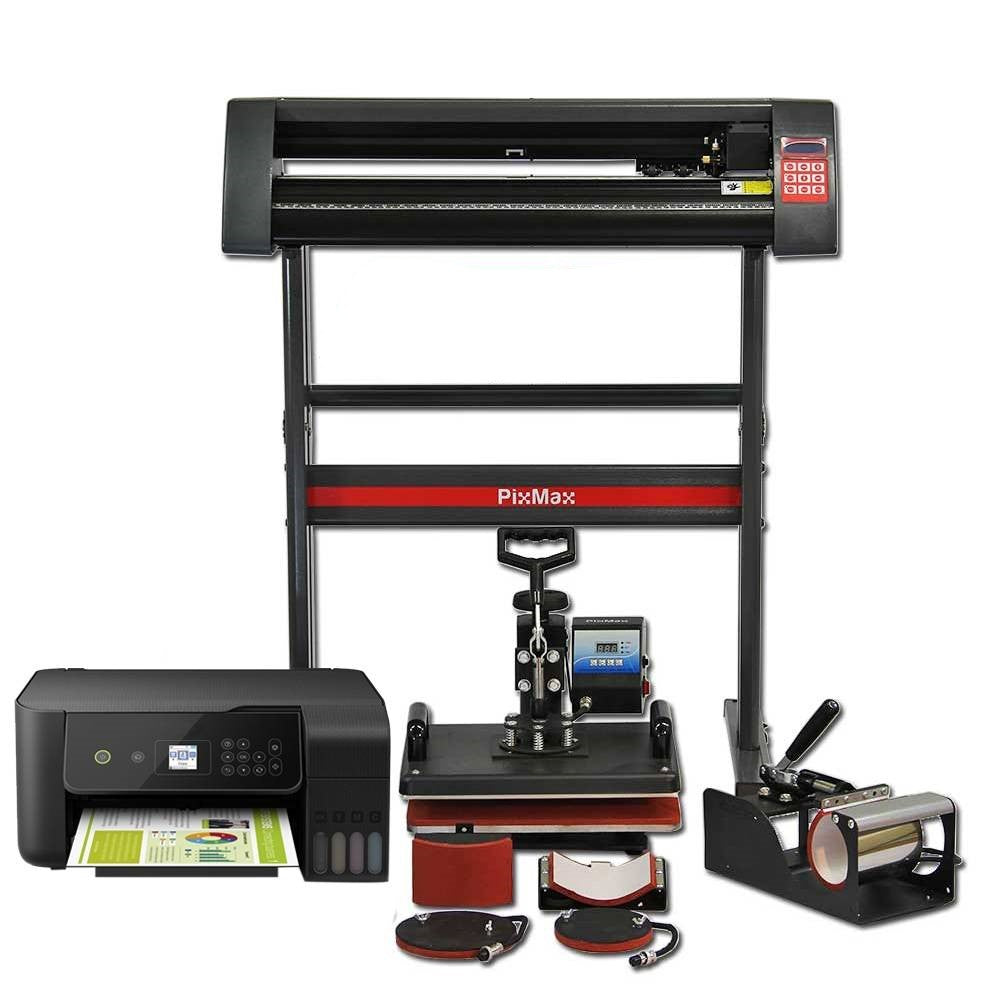 PixMax Da Vinci Set 5 in 1 mit schwarzem Vinyl Plotter, Drucker, Transferpresse und Zubehör in verschiedenen Formen und Texturen, ideal für kreative Projekte