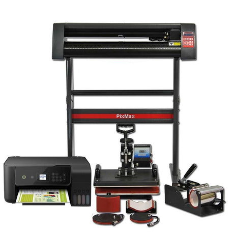 PixMax Da Vinci Set 5 in 1 mit schwarzem Vinyl Plotter, Drucker, Transferpresse und Zubehör in verschiedenen Formen und Texturen, ideal für kreative Projekte