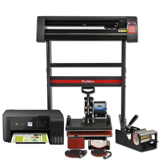 PixMax Da Vinci Set 5 in 1 mit schwarzem Vinyl Plotter, Drucker, Transferpresse und Zubehör in verschiedenen Formen und Texturen, ideal für kreative Projekte