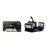 Schwarzer Tintenstrahldrucker neben einer Tassenpresse mit digitalem Display, ideal für personalisierte Tassen und kreative Druckprojekte