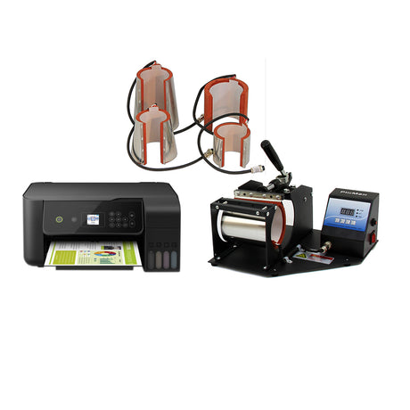 PixMax Tassenpresse mit Drucker und Zubehör, schwarz und silber, zeigt die Tassenpresse, Drucker und zwei Heizkissen in klaren Details