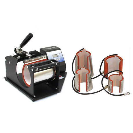 Die PixMax 5 in 1 Tassenpresse mit drei verschiedenen Aufsätzen in silberner und schwarzer Ausführung, ideal für personalisierte Tassen und Geschenke