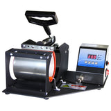 Die PixMax 5-in-1 Tassenpresse mit robustem schwarzen Gehäuse, digitalem Display und verschiedenen Aufsätzen für personalisierte Tassen und Becher