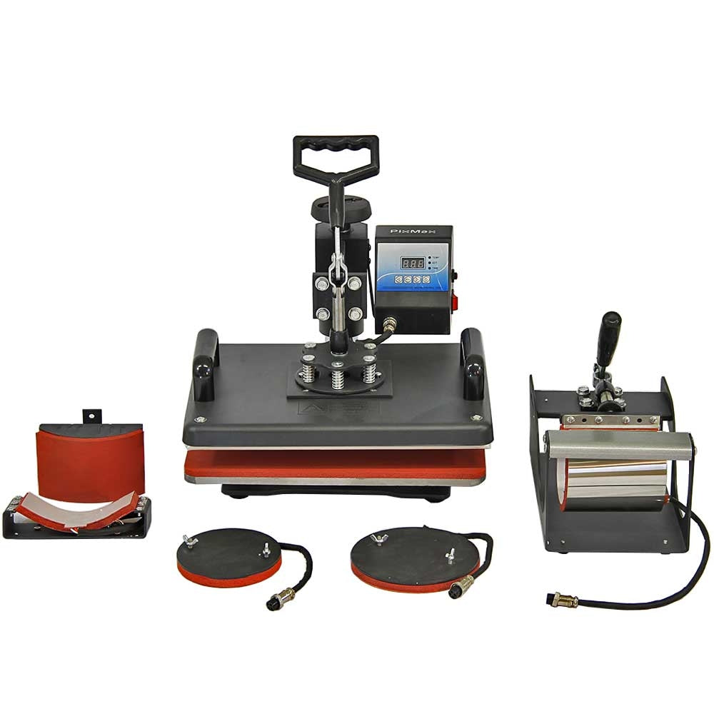 720 mm LED Schneideplotter und 5-in-1 Hitzepresse in Schwarz und Rot, mit verschiedenen Platten und einem digitalen Steuerdisplay für präzises Arbeiten