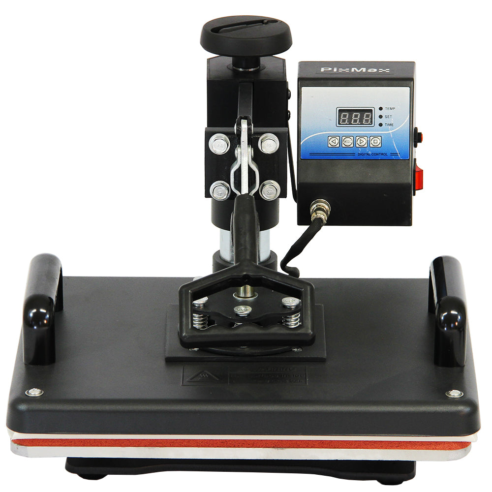 Schwarzes 5-in-1-Gerät mit digitalem Display, Druckplatte und Hebelmechanismus, ideal für Vinylschneiden und Druckanwendungen