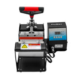 Die PixMax Tassenpresse zeigt eine robuste, schwarze Struktur mit einem roten Griff, digitalem Display und Temperaturkontrolle für präzises Transferieren von Designs
