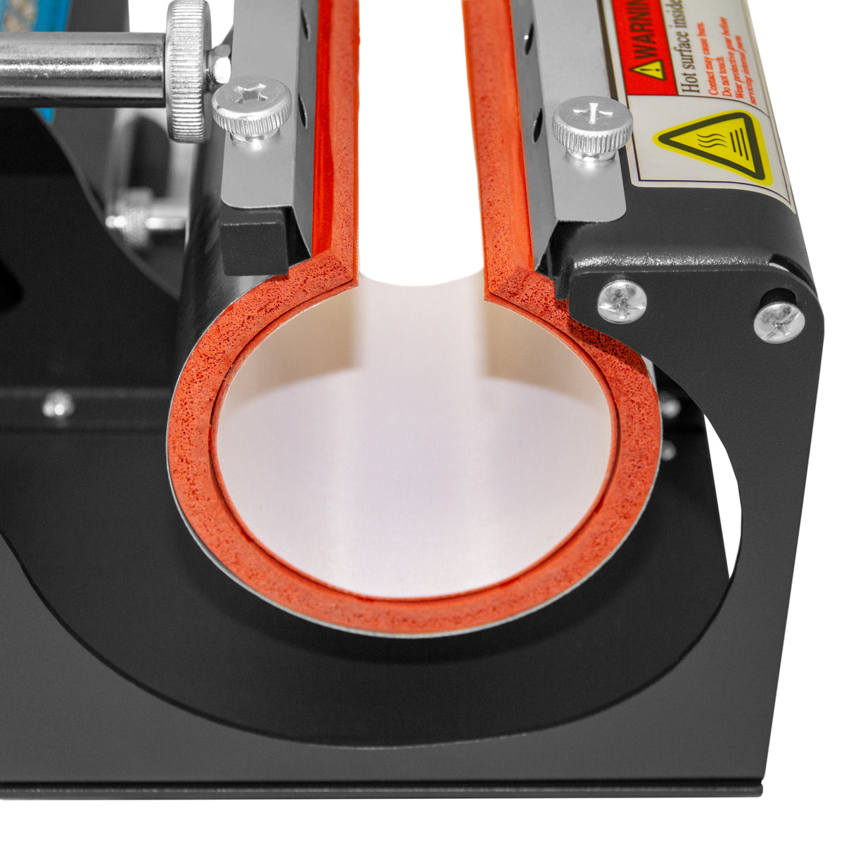 Tassenpresse mit rotem Silikonring und stabiler Metallbasis, ideal für den Druck auf Tassen und personalisierte Geschenke