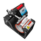 Die PixMax Tassenpresse ist eine kompakte Transferpresse mit schwarzem Gehäuse, rotem Griff und digitalem Display für präzise Temperaturkontrolle