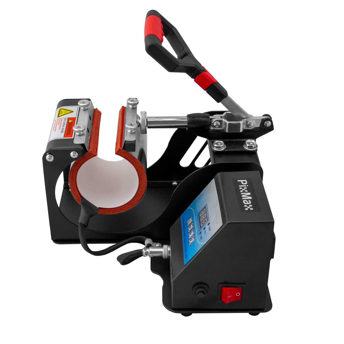 Tassenpresse mit schwarzem Gehäuse, rotem Griff und digitalem Display, ideal für den Transferdruck auf Tassen und anderen runden Objekten