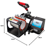 Die PixMax Tassenpresse ist eine kompakte Transferpresse mit einem stabilen schwarzen Gehäuse, rotem Griff und digitalem Display für präzise Temperaturkontrolle