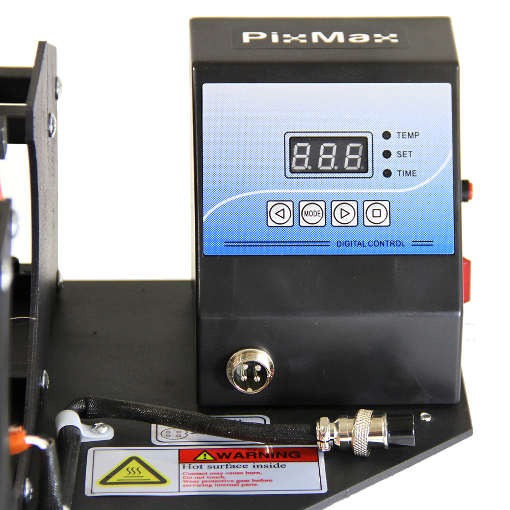 Digitale Steuerung der PixMax Tassenpresse mit Temperatur- und Zeiteinstellungen, robustes Gehäuse in Schwarz und Blau, gut lesbares Display
