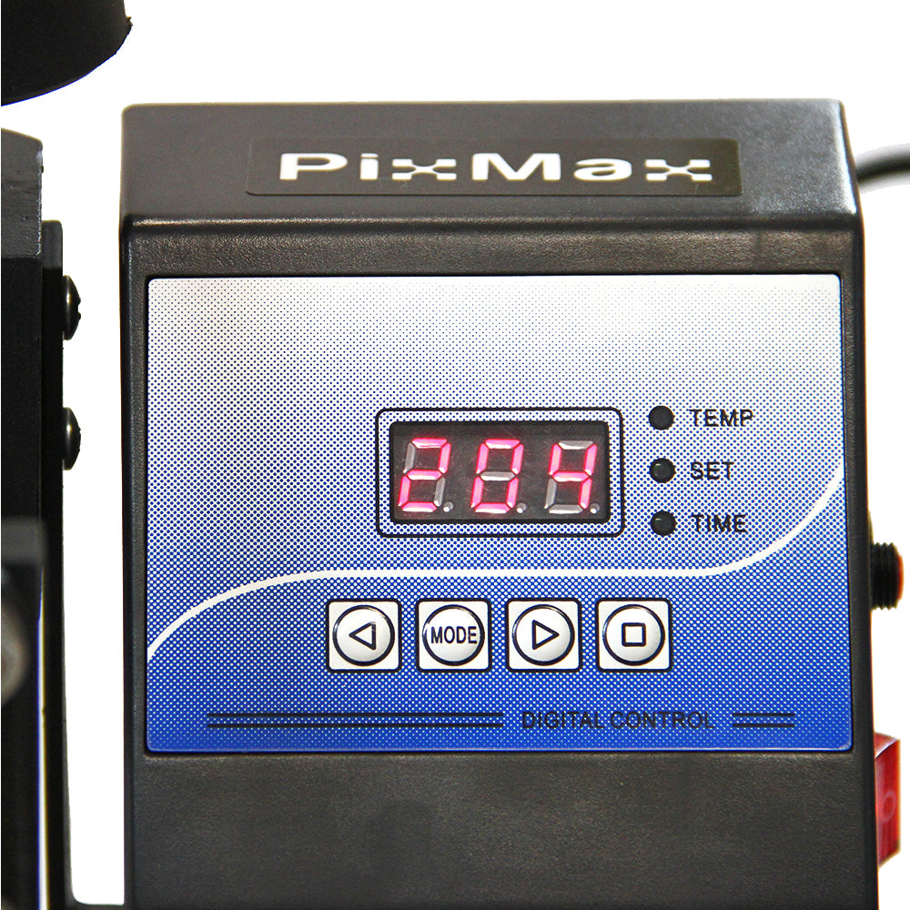 Digitale Steuerung der PixMax Transferpresse mit rotem LED-Display, Tasten für Temperatur, Zeit und Modus in einem modernen, kompakten Design