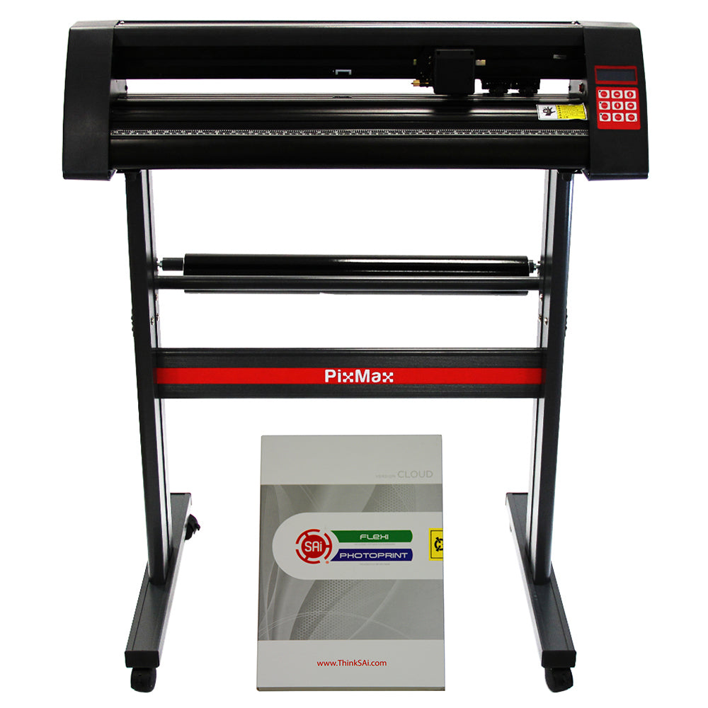 Schwarzer PixMax 720mm Vinyl Schneideplotter mit rotem Akzent, ausgestattet mit Bedienfeld und einer Anleitung für FlexiStarter, auf stabiler Metallbasis
