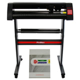 Schwarzer PixMax 720mm Vinyl Schneideplotter mit rotem Akzent, ausgestattet mit Bedienfeld und einer Anleitung für FlexiStarter, auf stabiler Metallbasis