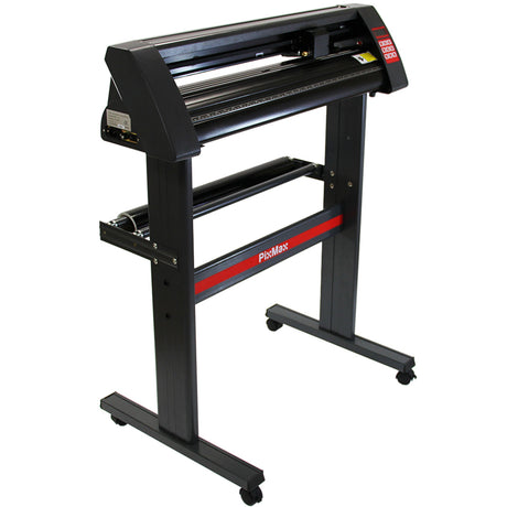Der PixMax 720mm Vinyl Schneideplotter in Schwarz mit rotem Akzent, stabiler Metallstruktur und Rollen für einfache Mobilität, ideal für präzises Schneiden