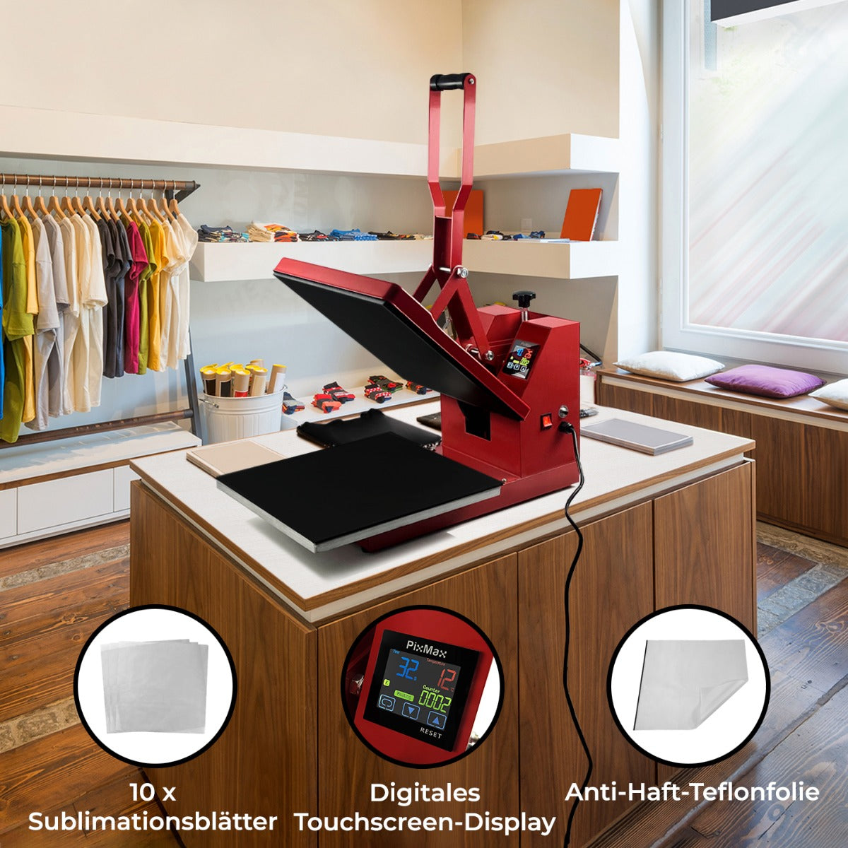 Rote PixMax Transferpresse mit digitalem Touchscreen-Display, PTFE-Matte und 10 Sublimationsblättern auf einem hellen Tisch in einem modernen Raum