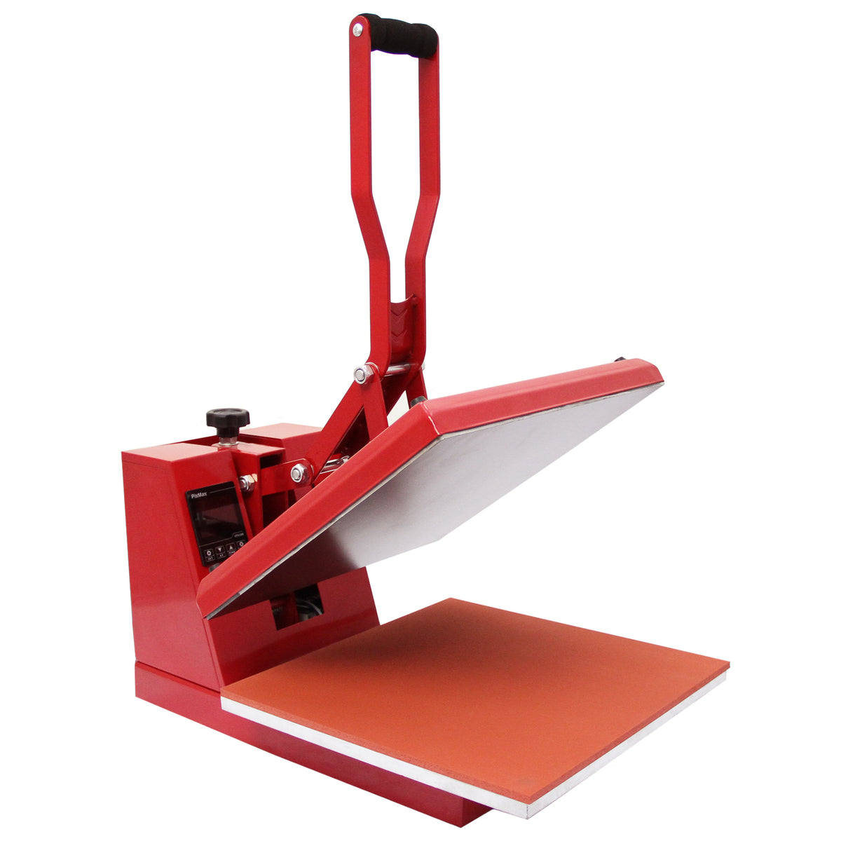 Rote 38-cm-Klapppresse mit einem großen, glatten orangefarbenen Plattenteller, ideal für den Einsatz mit Vinylschneidern und Druckern