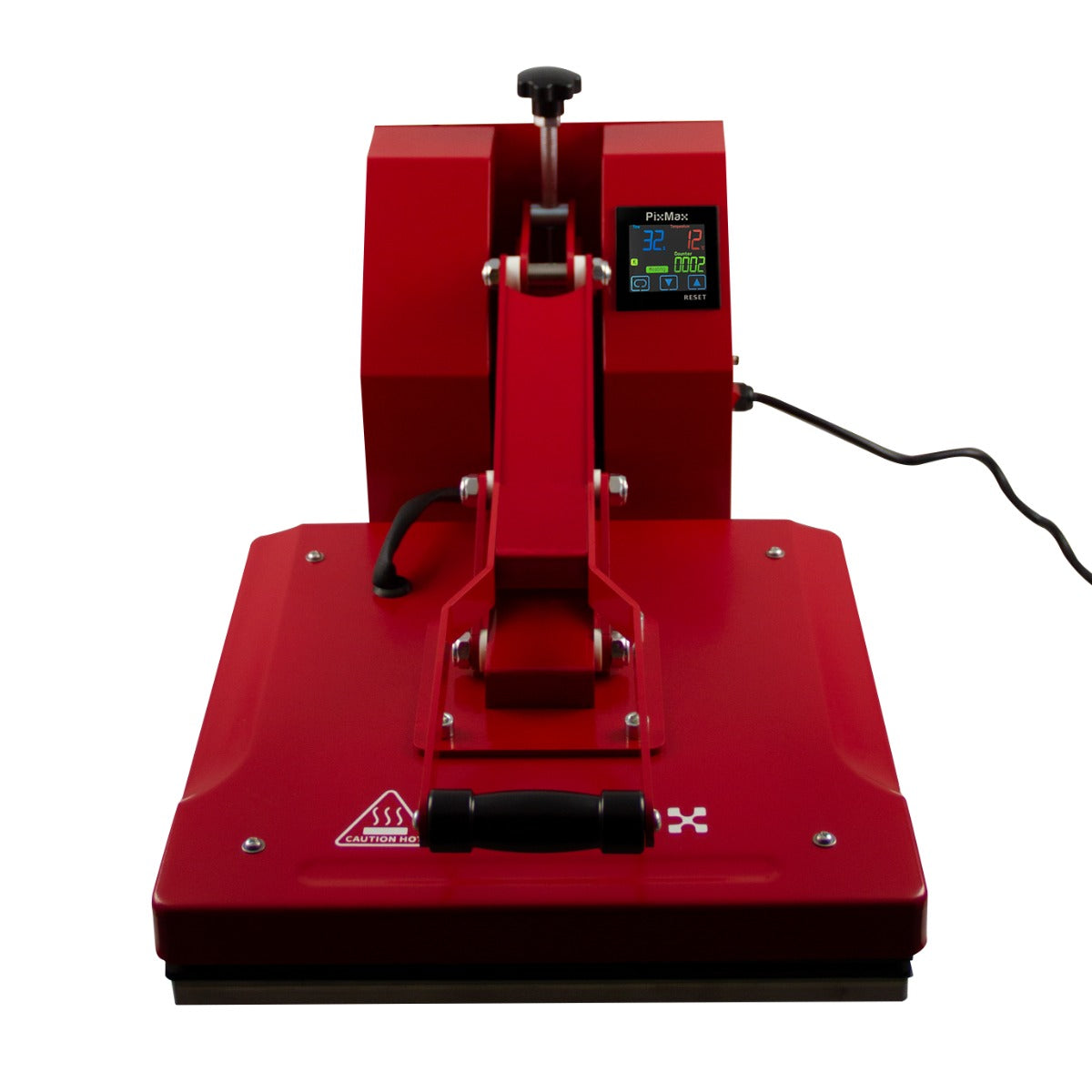 Rote Transferpresse mit 38 x 38 cm Druckfläche, digitalem Display und ergonomischem Griff, ideal für Textildruck und kreative Projekte
