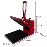 Rote Transferpresse mit schwarzer Druckfläche, 38 x 38 cm, und digitalem Bedienfeld, ideal für Textildruck und personalisierte Designs