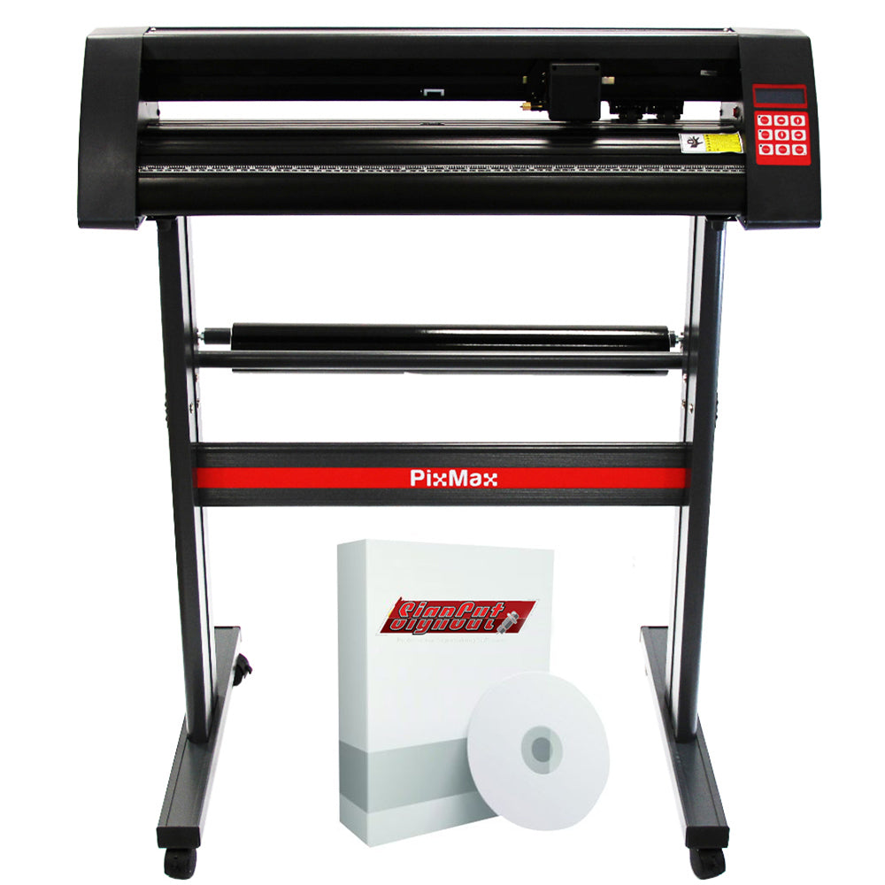 Schwarzer PixMax 720mm Vinyl Schneideplotter mit rotem Akzent, stabiler Metallrahmen, inklusive SignCut Pro Software und Zubehör, ideal für präzise Schneidarbeiten