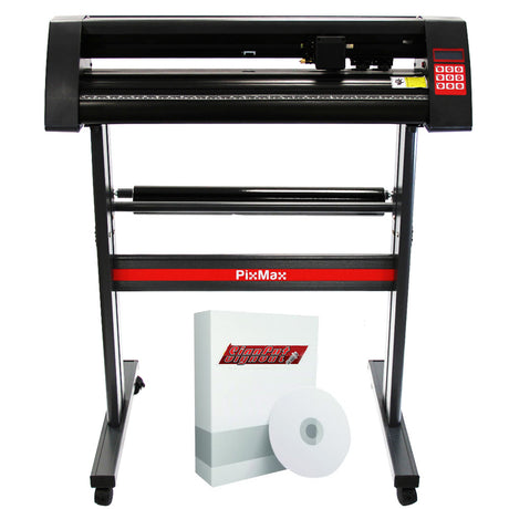 Schwarzer PixMax 720mm Vinyl Schneideplotter mit rotem Akzent, stabiler Metallrahmen, inklusive SignCut Pro Software und Zubehör, ideal für präzise Schneidarbeiten