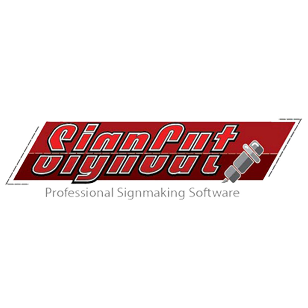 Das SignCut-Logo in Rot und Weiß, mit einem stilisierten Schriftzug und einer grafischen Darstellung eines Schneidewerkzeugs, symbolisiert professionelle Beschriftungssoftware