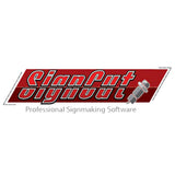 Das SignCut-Logo in Rot und Weiß, mit einem stilisierten Schriftzug und einer grafischen Darstellung eines Schneidewerkzeugs, symbolisiert professionelle Beschriftungssoftware