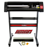 Schwarzer PixMax 720mm Schneideplotter mit rotem Akzent, ausgestattet mit SignCut Pro, Bearbeitungsset, Rollenschneider und Zubehör auf stabiler Basis