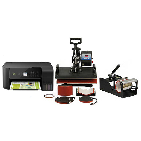 PixMax 5-in-1 Kombi Transferpresse mit Drucker, schwarz und rot, inklusive verschiedene Druckplatten und Zubehör für vielseitige Anwendungen