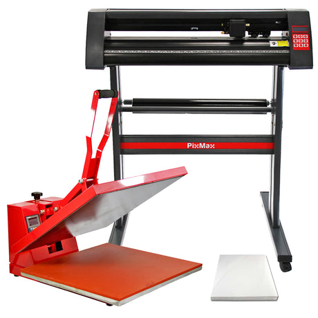 Schwarzer Vinyl Schneideplotter mit roter Transferpresse, glänzender Arbeitsfläche und einem weißen Untergrund, ideal für kreative Projekte