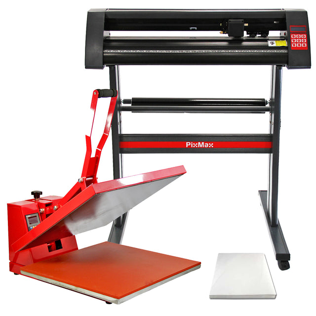 Schwarzer Vinyl Schneideplotter mit roter Transferpresse, glänzender Arbeitsfläche und einem weißen Untergrund, ideal für kreative Projekte