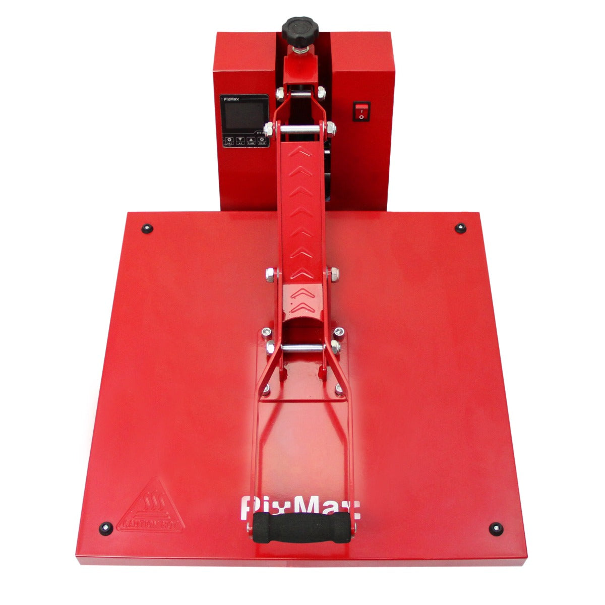 Rote PixMax 50 cm Transferpresse mit stabiler Heizplatte, digitalem Display und ergonomischem Griff für präzises Vinylschneiden und -übertragen