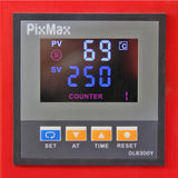 Digitale Steuerung der PixMax 50cm Transferpresse mit blauen und roten Zahlen, Temperaturanzeige und Tasten für Einstellungen und Reset