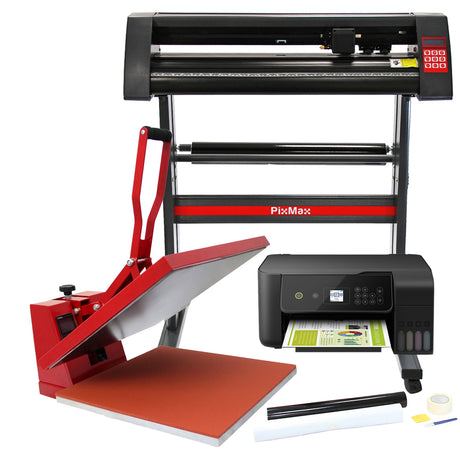 PixMax Hitzepresse und Vinyl Schneideplotter in rot und schwarz, mit einer großen Druckfläche und Zubehör für präzise Druckprojekte